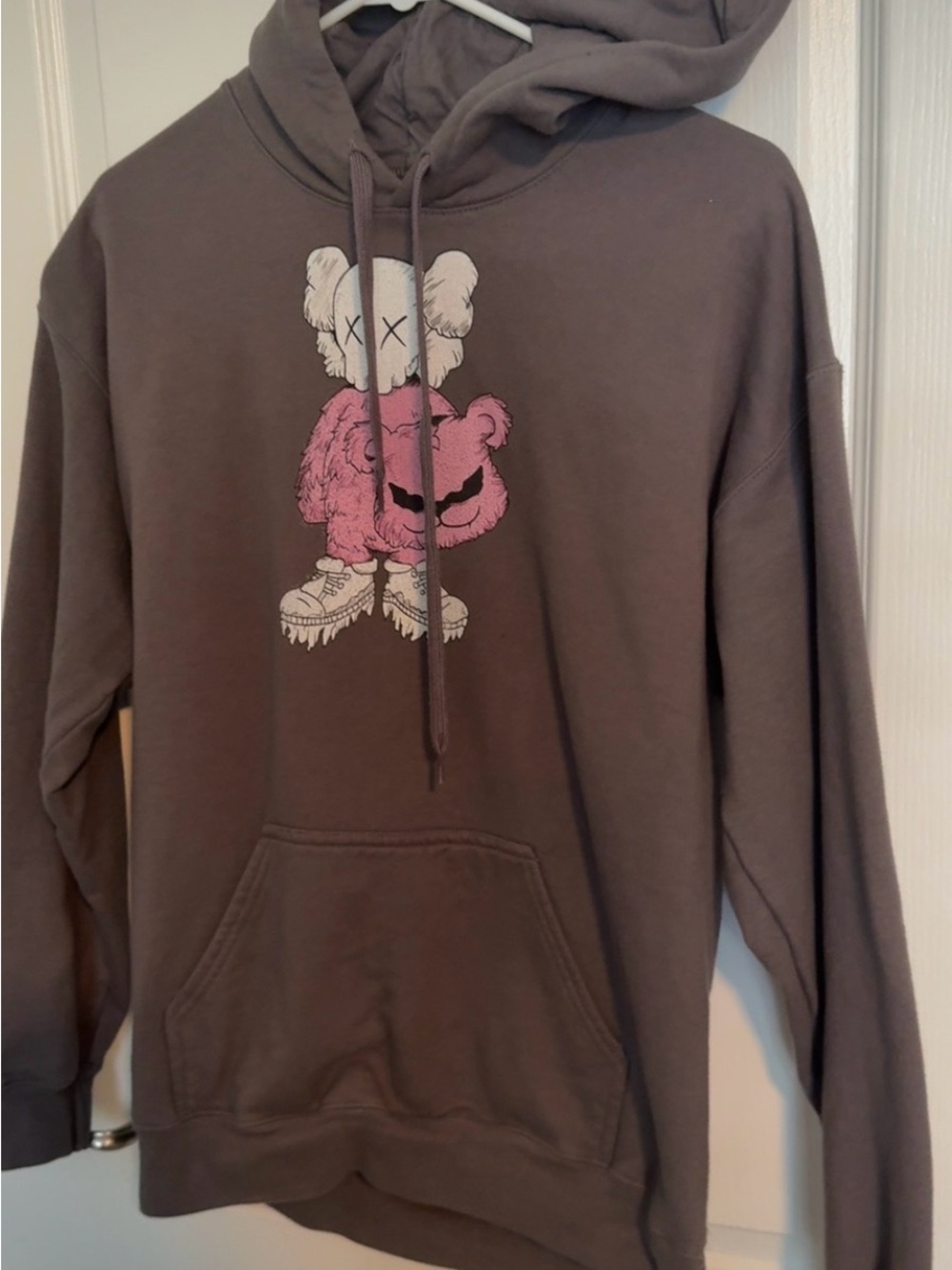 Gildan Brown Crewneck Hoodie with Pink & White Bear Graphic